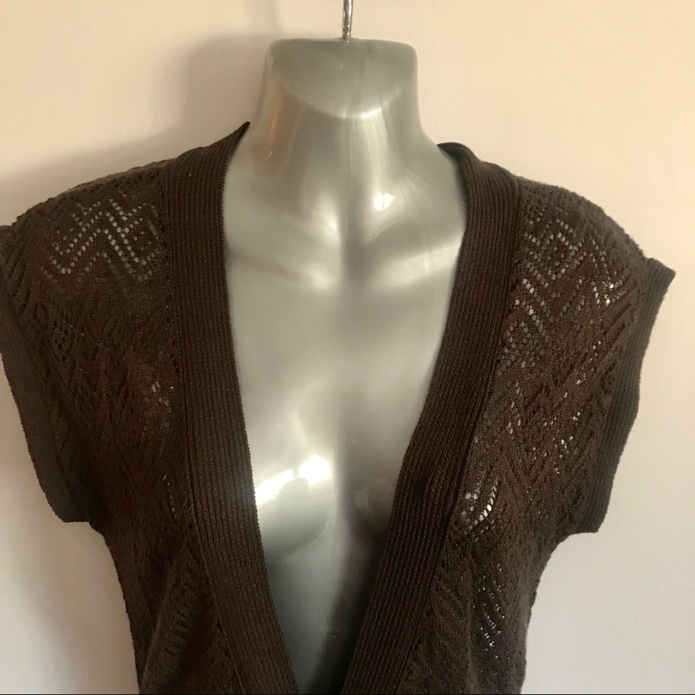 VTG Mexx Y2K Open Chevron Mesh Pointelle Knit Wrap Sweater Vest Top Brown Medium - Picture 6 of 12